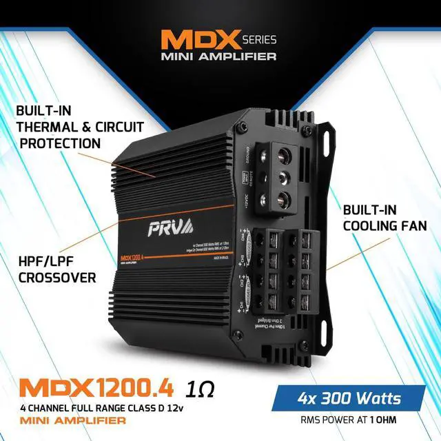 Alt view image 4 of 6 - MDX1200.4 1 Ohm Mini 4 Channel Car Audio Amplifier 4 x 300 Watts RMS at 1 Ohm - 1200 Watt 12 Volts Bridgeable Amp for Powersports, Motorcycles, ATV, for High Power Stereo Speaker Systems