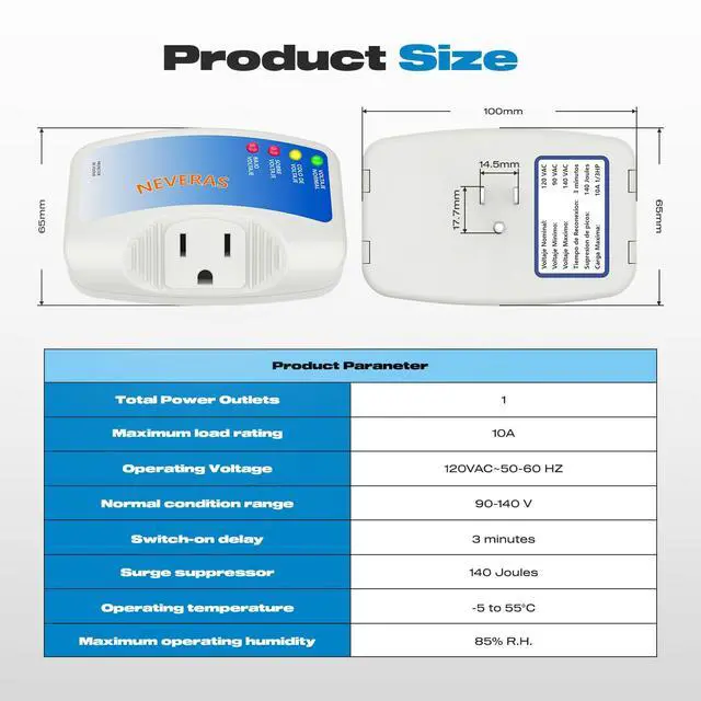Alt view image 2 of 7 - Refrigerator Surge Protector, Single Outlet Voltage Protector Home Appliances 120V 10A Voltage Brownouts Plug Outlet for Fridge TV Air Conditioners Surge Protector -1 Pack