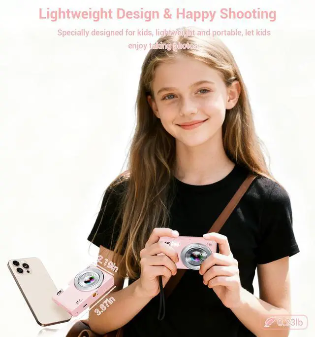 Alt view image 7 of 7 - Digital Camera,Upgraded FHD 4K Pink Digital Camera for Teens Girls,Compact Digital Cameras with 64GB Memory Card,2 Batteries,Small Camera with 16X Autofocus Digital Zoom for Vlogging