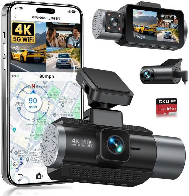 Main image of 4K 3 Channel Dash Cam Front and Rear Inside, 3" IPS Screen | 5.8GHz WiFi Dash Camera for Cars, Built-in GPS, G-Sensor, 64GB Card Included, 24H Park Mode
