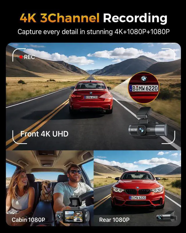 Alt view image 2 of 7 - 4K 3 Channel Dash Cam Front and Rear Inside, 3" IPS Screen | 5.8GHz WiFi Dash Camera for Cars, Built-in GPS, G-Sensor, 64GB Card Included, 24H Park Mode