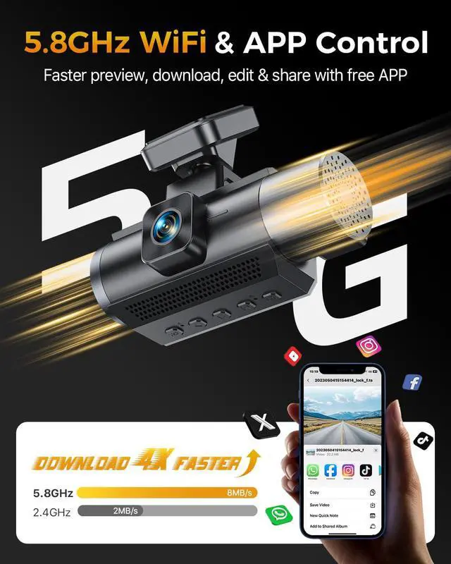 Alt view image 3 of 7 - 4K 3 Channel Dash Cam Front and Rear Inside, 3" IPS Screen | 5.8GHz WiFi Dash Camera for Cars, Built-in GPS, G-Sensor, 64GB Card Included, 24H Park Mode