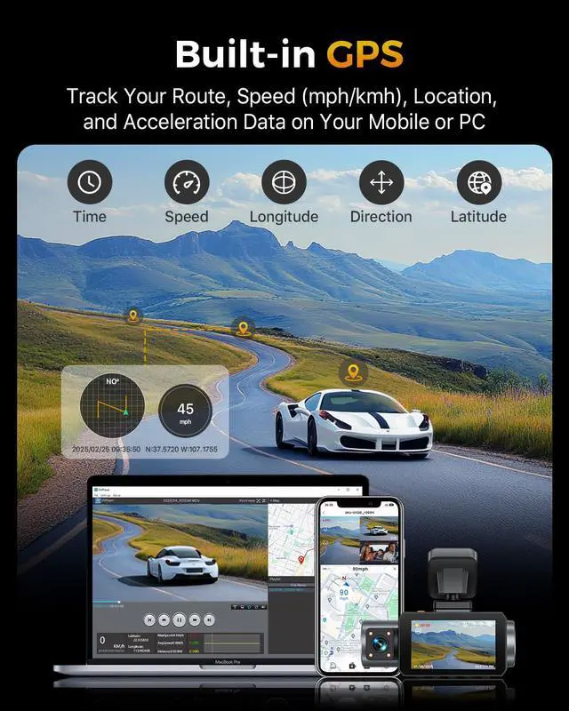 Alt view image 4 of 7 - 4K 3 Channel Dash Cam Front and Rear Inside, 3" IPS Screen | 5.8GHz WiFi Dash Camera for Cars, Built-in GPS, G-Sensor, 64GB Card Included, 24H Park Mode