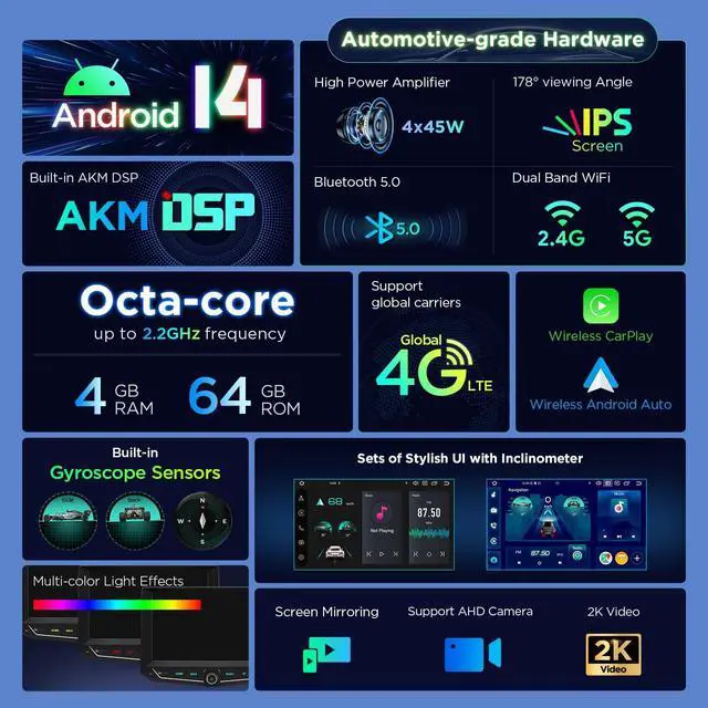 Alt view image 2 of 7 - 9 Android Car Stereo for Jeep Wrangler JK 2011-2017, 8 Core, 4+64GB | IPS Touch Screen Android 14 Head Unit, Support Wireless CarPlay/Android Auto, GPS Navigation, Bluetooth, DSP, 4G, Gyro Sensor