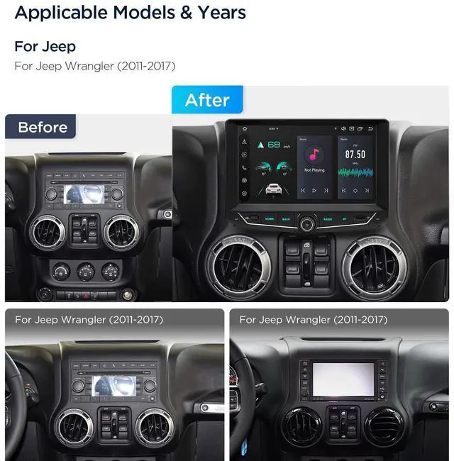 Alt view image 3 of 7 - 9 Android Car Stereo for Jeep Wrangler JK 2011-2017, 8 Core, 4+64GB | IPS Touch Screen Android 14 Head Unit, Support Wireless CarPlay/Android Auto, GPS Navigation, Bluetooth, DSP, 4G, Gyro Sensor