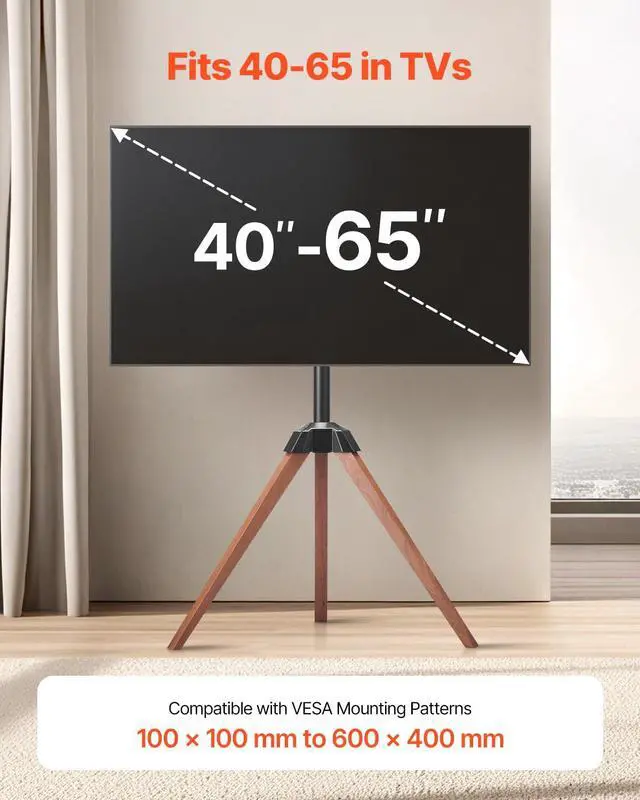 Alt view image 2 of 7 - Tripod Easel TV Stand, for 40-65 inch Flat Screen/Curved TVs Up to 99 lbs, 18° Left-Right Rotation Portable TV Stand with Oak Wood Legs, for Bedroom, Living Room, Studio, MAX VESA 600 x 400 mm
