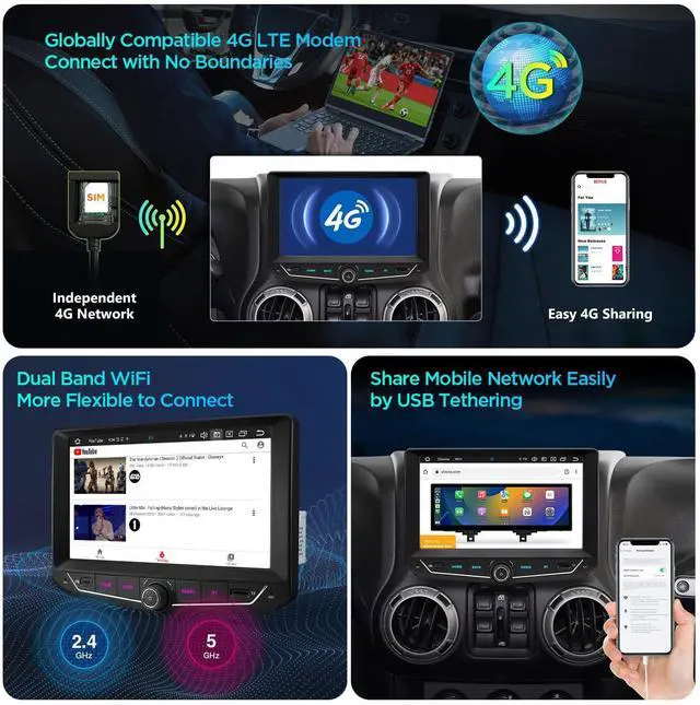 Alt view image 7 of 7 - 9 Android Car Stereo for Jeep Wrangler JK 2011-2017, 8 Core, 4+64GB | IPS Touch Screen Android 14 Head Unit, Support Wireless CarPlay/Android Auto, GPS Navigation, Bluetooth, DSP, 4G, Gyro Sensor