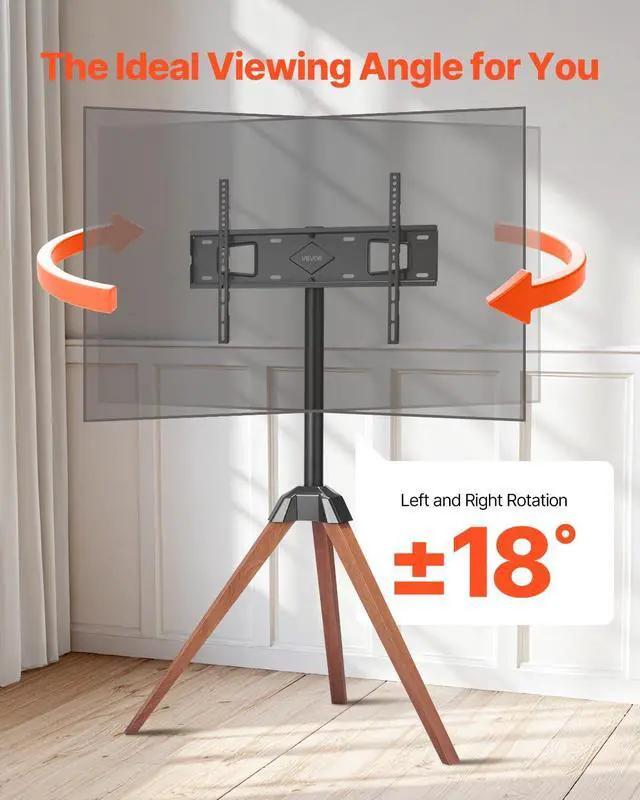 Alt view image 4 of 7 - Tripod Easel TV Stand, for 40-65 inch Flat Screen/Curved TVs Up to 99 lbs, 18° Left-Right Rotation Portable TV Stand with Oak Wood Legs, for Bedroom, Living Room, Studio, MAX VESA 600 x 400 mm
