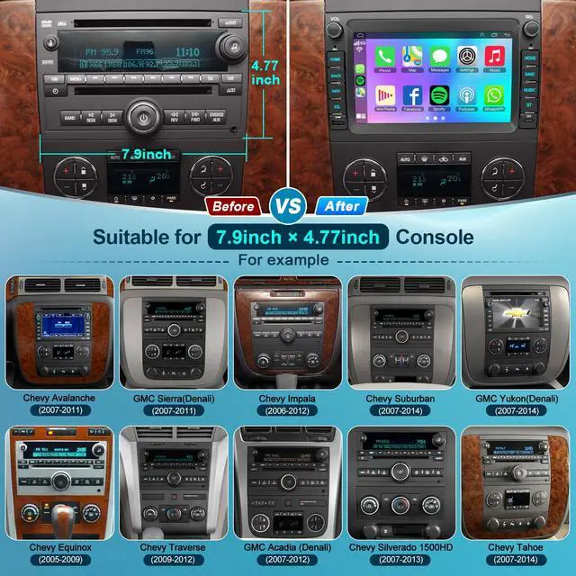 Alt view image 2 of 7 - 8-core 4G+64G Car Radio for 2007-2012 Chevrolet Chevy Silverado Impala GMC Sierra Acadia Enclave Yukon, 7" IPS Touch Screen Car Stereo with GPS, CarPlay/Android Auto, Backup Camera/DSP/SWC