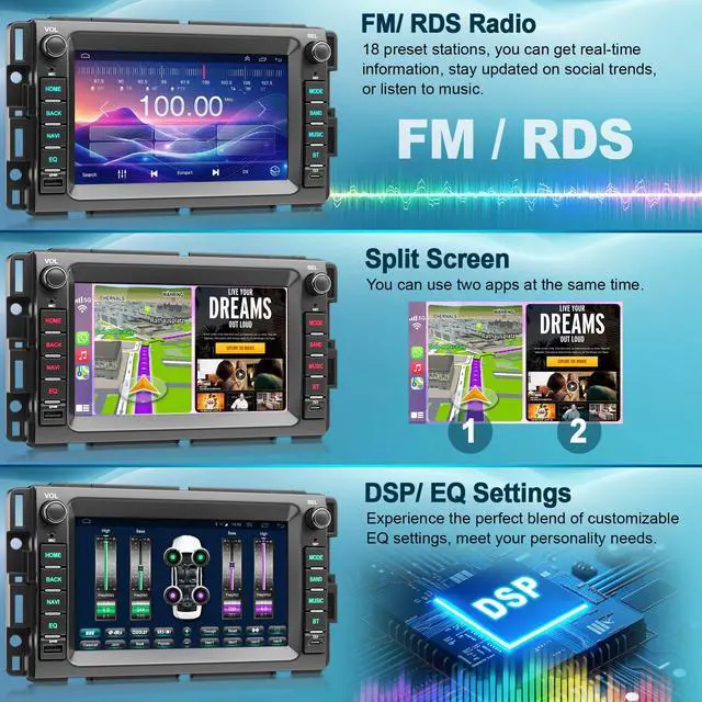 Alt view image 6 of 7 - 8-core 4G+64G Car Radio for 2007-2012 Chevrolet Chevy Silverado Impala GMC Sierra Acadia Enclave Yukon, 7" IPS Touch Screen Car Stereo with GPS, CarPlay/Android Auto, Backup Camera/DSP/SWC