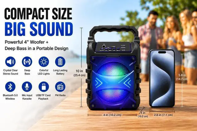 Alt view image 2 of 5 - Top Tech Audio Jet-4 400W Bluetooth Speaker, 4" Woofer, Louder Volume, Crystal Clear Stereo, Rich Bass, 100ft Wireless Range, Mic Input, Portable Speaker Blue