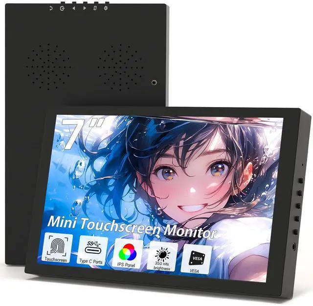 Main image of Small Monitor Touchscreen 7 Inch HD 1280x800 Type C HDMI Ports Mini Portable Monitor IPS LED Display for PC Laptop Ras Pi, Built-in Speakers