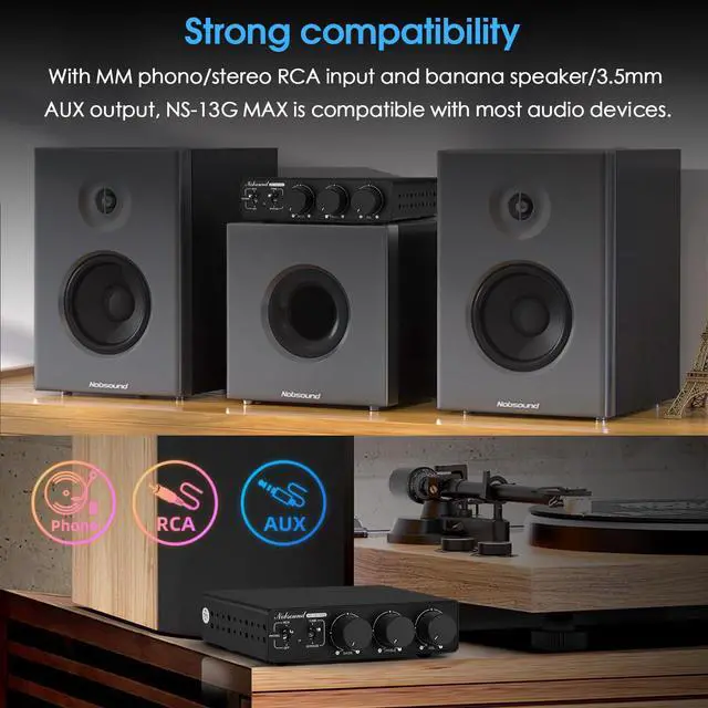 Alt view image 3 of 7 - Nobsound 300Wx2 Stereo Amplifier with Phono Input - HiFi Class D Mini Power Amp for Home Theater, Turntables, Studio Monitor | TPA3255 Chip, RCA/MM Inputs, Bass/Treble Control (NS-13G MAX DC 48V)