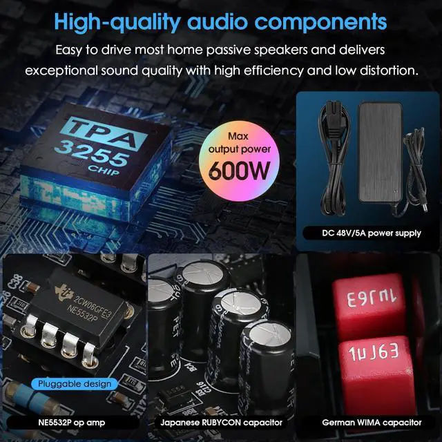 Alt view image 2 of 7 - Nobsound 300Wx2 Stereo Amplifier with Phono Input - HiFi Class D Mini Power Amp for Home Theater, Turntables, Studio Monitor | TPA3255 Chip, RCA/MM Inputs, Bass/Treble Control (NS-13G MAX DC 48V)