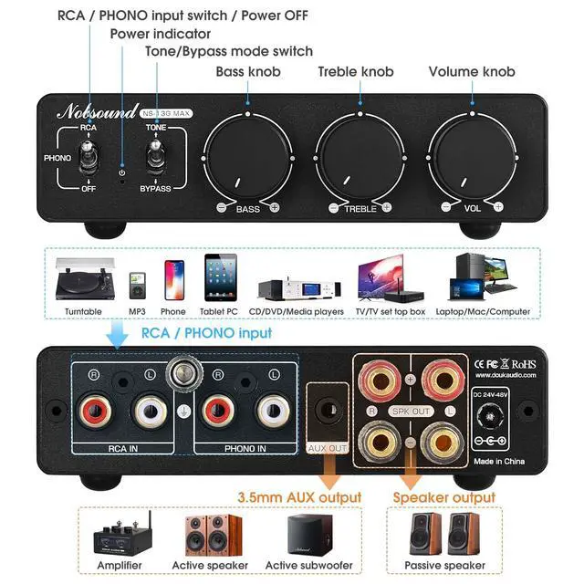 Alt view image 6 of 7 - Nobsound 300Wx2 Stereo Amplifier with Phono Input - HiFi Class D Mini Power Amp for Home Theater, Turntables, Studio Monitor | TPA3255 Chip, RCA/MM Inputs, Bass/Treble Control (NS-13G MAX DC 48V)