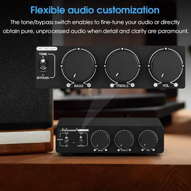 Alt view image 5 of 7 - Nobsound 300Wx2 Stereo Amplifier with Phono Input - HiFi Class D Mini Power Amp for Home Theater, Turntables, Studio Monitor | TPA3255 Chip, RCA/MM Inputs, Bass/Treble Control (NS-13G MAX DC 48V)