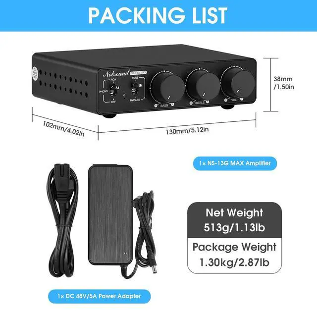 Alt view image 7 of 7 - Nobsound 300Wx2 Stereo Amplifier with Phono Input - HiFi Class D Mini Power Amp for Home Theater, Turntables, Studio Monitor | TPA3255 Chip, RCA/MM Inputs, Bass/Treble Control (NS-13G MAX DC 48V)