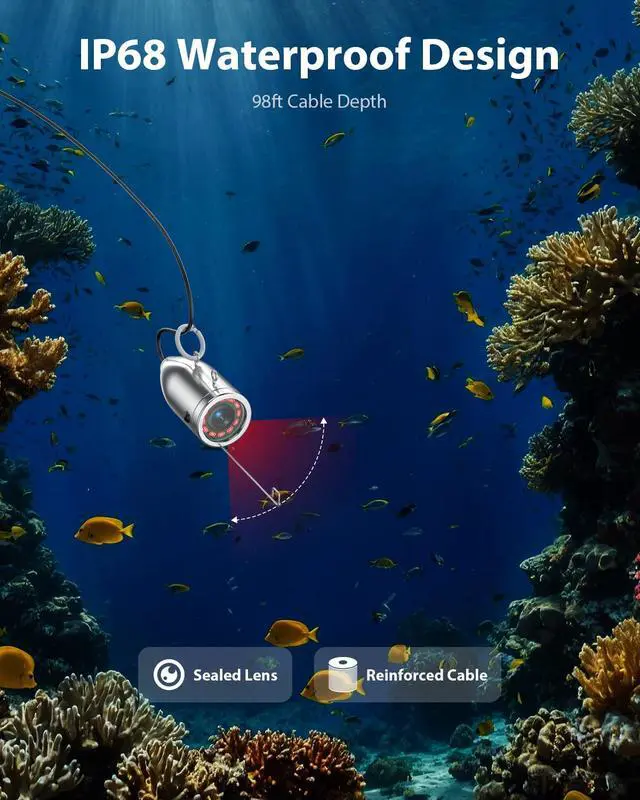 Alt view image 6 of 7 - 9" 1000TVL Underwater Fishing Camera DVR, Fish Finder w/ 30M Cable | IP68 Waterproof w/ 12 IR LEDs, Includes 8GB Card & 4500mAh 6-8H Battery, Sun Visor for Boat, Lake & Ice Fishing