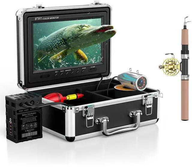 Main image of 9" 1000TVL Underwater Fishing Camera DVR, Fish Finder w/ 30M Cable | IP68 Waterproof w/ 12 IR LEDs, Includes 8GB Card & 4500mAh 6-8H Battery, Sun Visor for Boat, Lake & Ice Fishing
