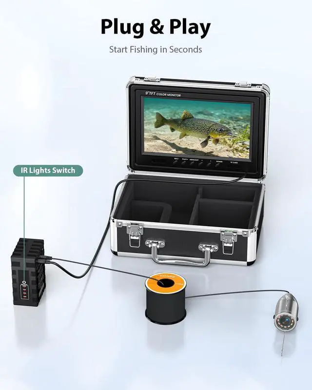 Alt view image 5 of 7 - 9" 1000TVL Underwater Fishing Camera DVR, Fish Finder w/ 30M Cable | IP68 Waterproof w/ 12 IR LEDs, Includes 8GB Card & 4500mAh 6-8H Battery, Sun Visor for Boat, Lake & Ice Fishing