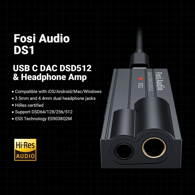 Alt view image 2 of 7 - DS1 USB C DAC Headphone Amp DSD512 ES9038Q2M HiFi Mini Audio Adapter Supports 32bit/768kHz with 4.4MM and 3.5MM Dual Headphones Outputs Compatible with Smartphones/Laptop/PC/Music Players