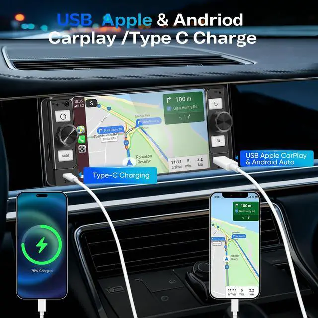Alt view image 2 of 7 - Single Din Car Stereo - 6.5" Car Radio with Wireless Apple CarPlay Android Auto,Touchscreen Radio Bluetooth 5.2 Support Mirror Link,Backup Camera GPS USB & Type-C Fast Charging FM EQ MIC
