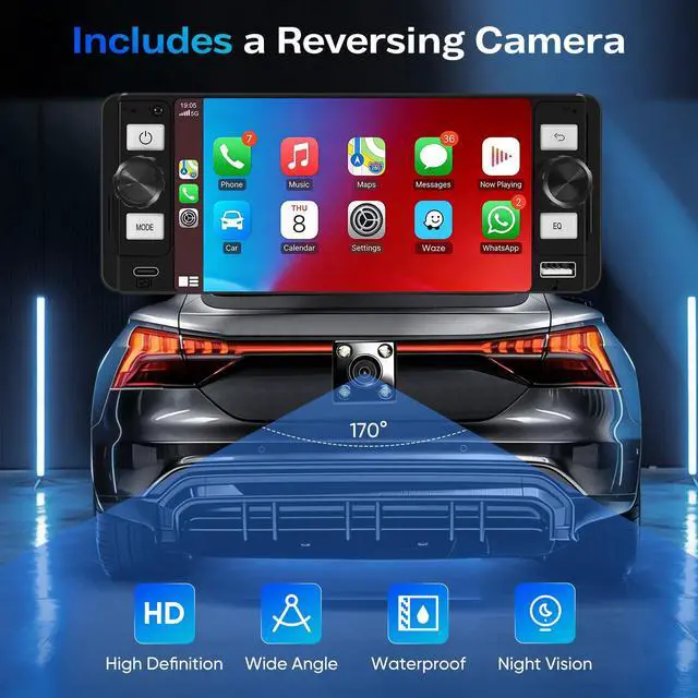 Alt view image 3 of 7 - Single Din Car Stereo - 6.5" Car Radio with Wireless Apple CarPlay Android Auto,Touchscreen Radio Bluetooth 5.2 Support Mirror Link,Backup Camera GPS USB & Type-C Fast Charging FM EQ MIC
