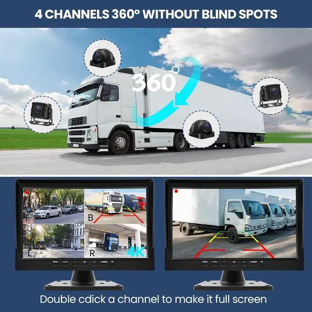 Alt view image 2 of 7 - Wired Backup Camera System with 10.1 IPS Monitor for Truck RV Trailer Bus, Rear View Camera, with Side Front View Camera, 4 Split Screen, Super Waterproof, Night Vision, Easy Installation AHD1080P