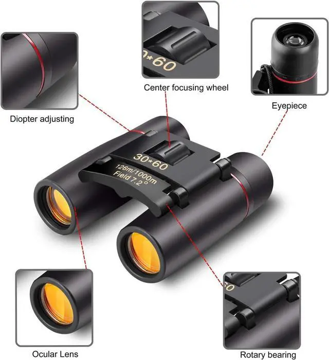Alt view image 5 of 7 - Small Compact Binoculars for Adults Kids, 30x60 Mini Binocular for Traveling Sightseeing Birds Watching, Night Vision Binoculars for Concert Theater Opera,Lightweight Pocket Folding
