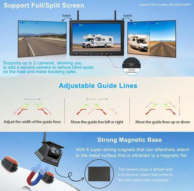 Alt view image 7 of 7 - Magnetic Solar Wireless Backup Camera HD 1080P 10" DVR Monitor, Dual RV Cameras Wireless System for Hitch Towing Travel RV Camper 5th Wheel, Built-in 9600mAh Battery & Solar Panel, BD102