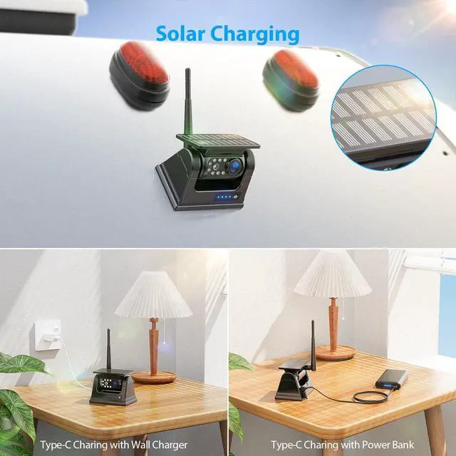 Alt view image 5 of 7 - Magnetic Solar Wireless Backup Camera HD 1080P 10" DVR Monitor, Dual RV Cameras Wireless System for Hitch Towing Travel RV Camper 5th Wheel, Built-in 9600mAh Battery & Solar Panel, BD102