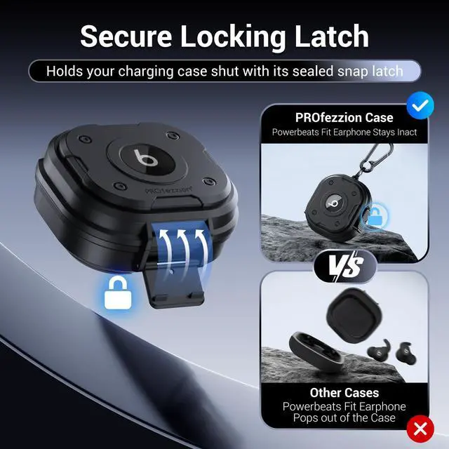 Alt view image 4 of 7 - for Beats Powerbeats Fit Case Cover with Lock, Heavy Duty | Full Coverage Hard Shell Protector, Secure Locking Latch, IPX5 Water-resistant, Jet Black (Not for the Beats Fit Pro 2021)