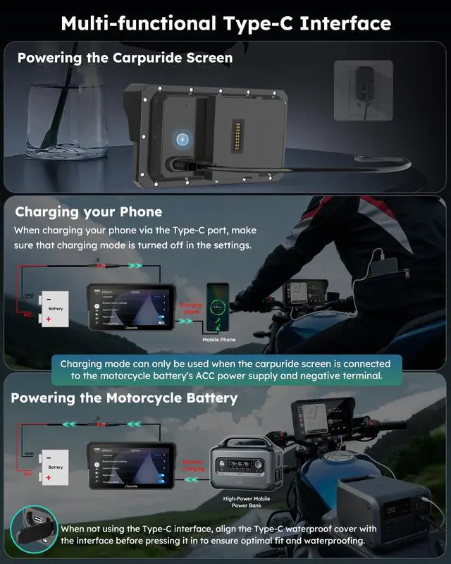 Alt view image 2 of 7 - W602S PRO Motorcycle Carplay Android Auto Screen with Type-C Port | 6.25" Motorcycle GPS Navigation System Supports OTA, Car Play Moto Screen with Wired Controller, Dual Bluetooth, Waterproof