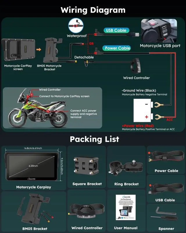 Alt view image 6 of 7 - W602S PRO Motorcycle Carplay Android Auto Screen with Type-C Port | 6.25" Motorcycle GPS Navigation System Supports OTA, Car Play Moto Screen with Wired Controller, Dual Bluetooth, Waterproof