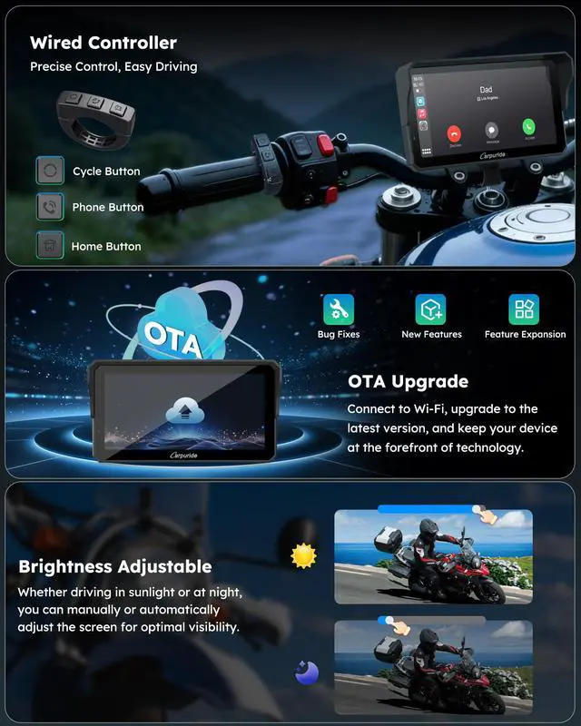 Alt view image 4 of 7 - W602S PRO Motorcycle Carplay Android Auto Screen with Type-C Port | 6.25" Motorcycle GPS Navigation System Supports OTA, Car Play Moto Screen with Wired Controller, Dual Bluetooth, Waterproof