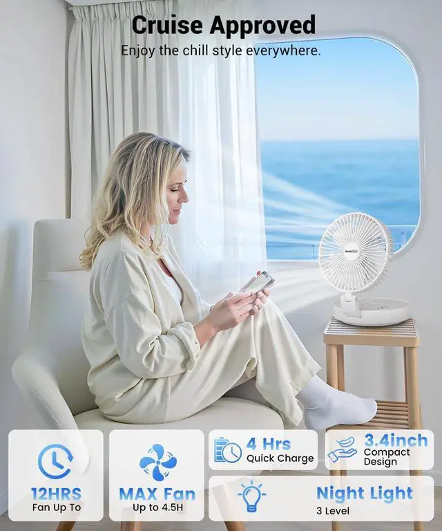 Alt view image 3 of 7 - Personal Cooling Fan that Blow Cold Air, Portable Rechargeable Desk Fan with LED, Oscillating Standing Table Fans, Battery Powered Floor Fan for Bedroom, Travel, Dorm, Cruise RV Essentials