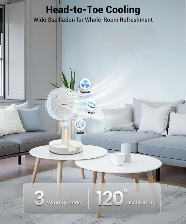 Alt view image 6 of 7 - Personal Cooling Fan that Blow Cold Air, Portable Rechargeable Desk Fan with LED, Oscillating Standing Table Fans, Battery Powered Floor Fan for Bedroom, Travel, Dorm, Cruise RV Essentials