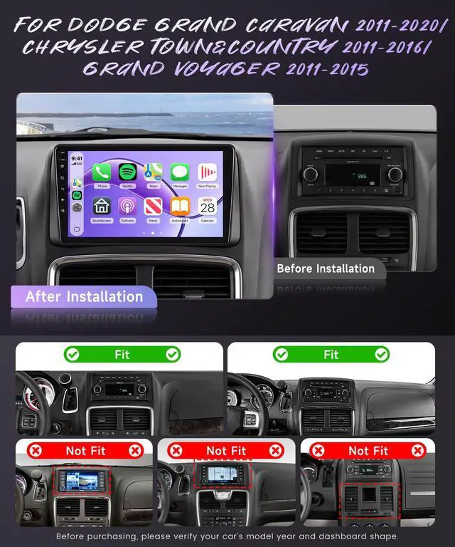 Alt view image 2 of 7 - 5Ghz WiFi Car Radio Stereo for Dodge Grand Caravan 2011-2020/ Chrysler Town&Country 2011-2016/ Grand Voyager 2011-2015,9" Touchscreen/Android 15/Wireless CarPlay/Android Auto/DSP/GPS/BT/Camera 2G+64G