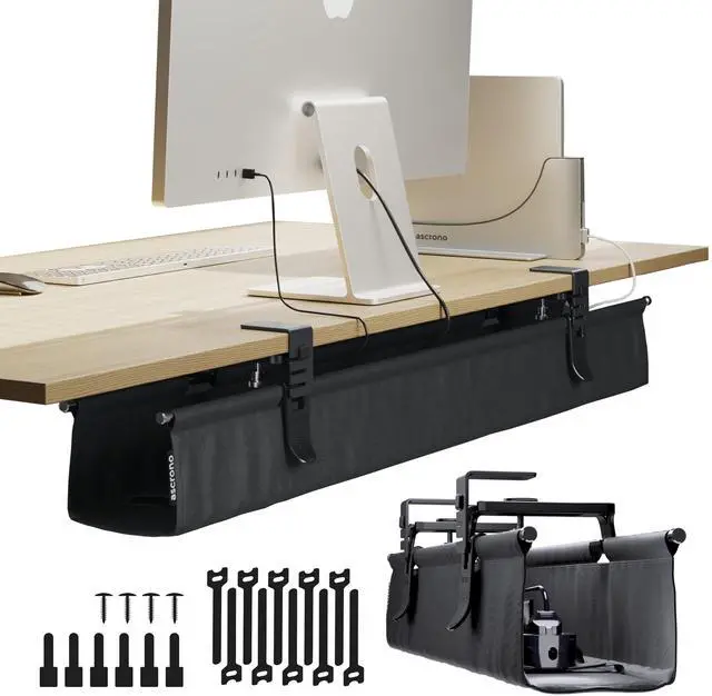 Main image of Original No Drill Under Desk Cable Management Tray 40.6" - Premium Black Fabric Cable Management Under Desk - Clamp/Screw Mount Cord Organizer - Supports Upto 66lbs - Large