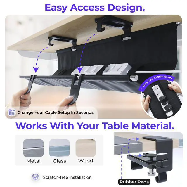 Alt view image 3 of 7 - Original No Drill Under Desk Cable Management Tray 40.6" - Premium Black Fabric Cable Management Under Desk - Clamp/Screw Mount Cord Organizer - Supports Upto 66lbs - Large