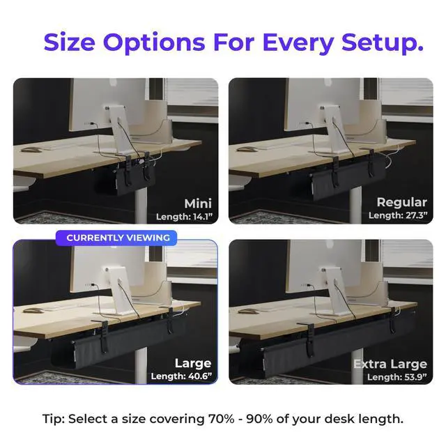 Alt view image 4 of 7 - Original No Drill Under Desk Cable Management Tray 40.6" - Premium Black Fabric Cable Management Under Desk - Clamp/Screw Mount Cord Organizer - Supports Upto 66lbs - Large