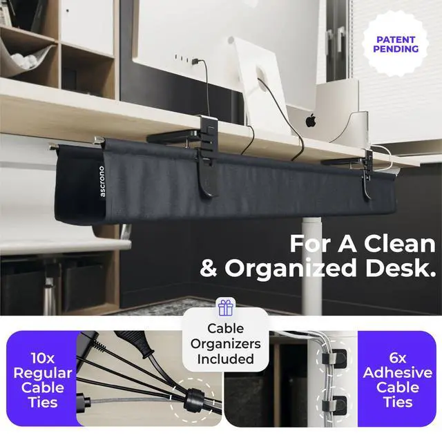 Alt view image 5 of 7 - Original No Drill Under Desk Cable Management Tray 40.6" - Premium Black Fabric Cable Management Under Desk - Clamp/Screw Mount Cord Organizer - Supports Upto 66lbs - Large