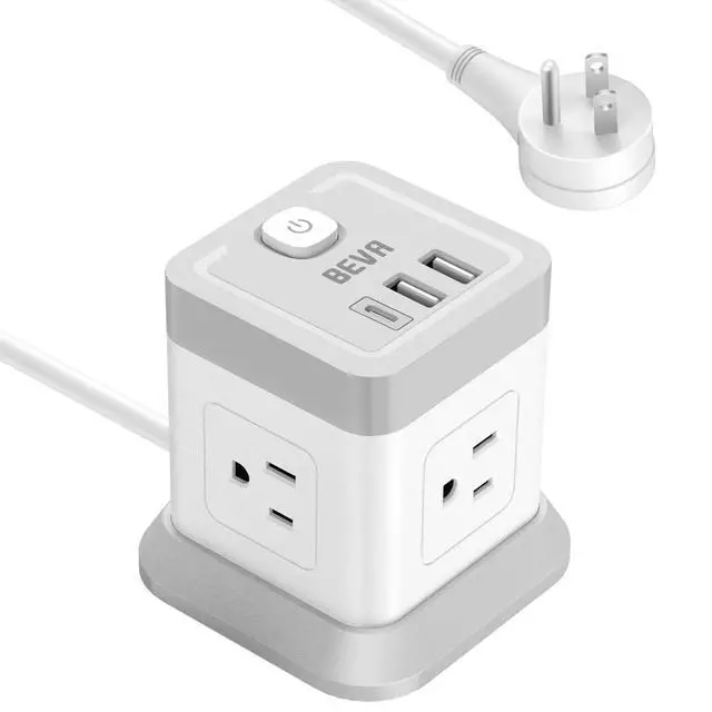 Main image of Power Strip Cube Desktop Charging Station 4 Outlets 3 USB Ports | 5ft extension cord, overload protection, widely spaced outlets, compact for travel cruise ship dorm ETL Listed