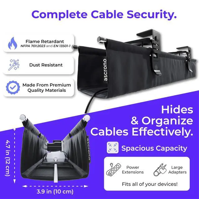 Alt view image 6 of 7 - Original No Drill Under Desk Cable Management Tray 40.6" - Premium Black Fabric Cable Management Under Desk - Clamp/Screw Mount Cord Organizer - Supports Upto 66lbs - Large