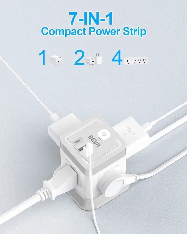 Alt view image 2 of 7 - Power Strip Cube Desktop Charging Station 4 Outlets 3 USB Ports | 5ft extension cord, overload protection, widely spaced outlets, compact for travel cruise ship dorm ETL Listed
