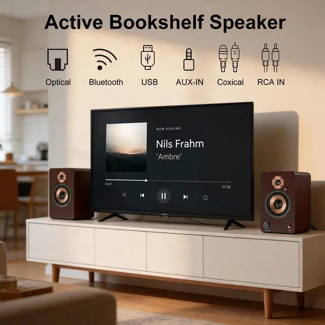 Alt view image 3 of 7 - 100W HiFi Active Bookshelf Speakers with Bluetooth | 4'' Aluminum Woofer, 12MM Wooden Cabinet, DSP-Tech, Optical/RCA/USB/AUX for TV PC Turntable (LP-42M)