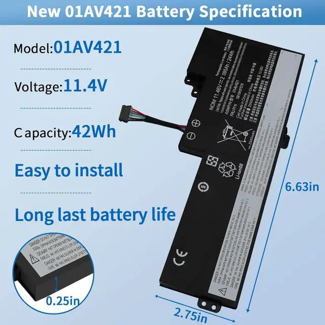 Alt view image 2 of 7 - 01AV421 T480 T580 Internal Battery for Lenovo ThinkPad T470 T480 T580 A475 | A485 TP25 Series Notebook, for Lenovo Laptop Thinkpad Battery 01AV419 01AV489 01AV420 SB10K97577