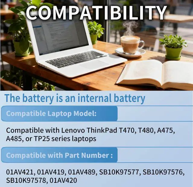 Alt view image 4 of 7 - 01AV421 T480 T580 Internal Battery for Lenovo ThinkPad T470 T480 T580 A475 | A485 TP25 Series Notebook, for Lenovo Laptop Thinkpad Battery 01AV419 01AV489 01AV420 SB10K97577