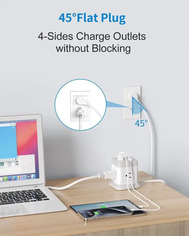 Alt view image 4 of 7 - Power Strip Cube Desktop Charging Station 4 Outlets 3 USB Ports | 5ft extension cord, overload protection, widely spaced outlets, compact for travel cruise ship dorm ETL Listed