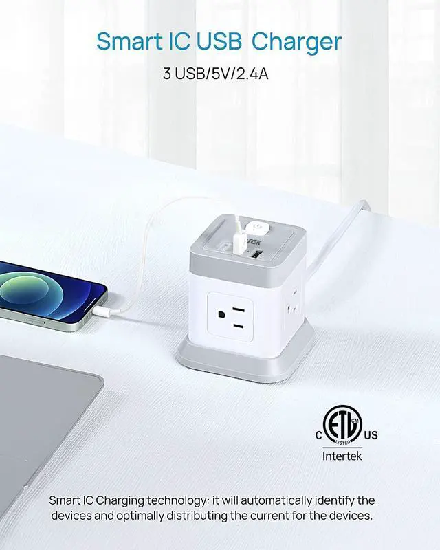 Alt view image 3 of 7 - Power Strip Cube Desktop Charging Station 4 Outlets 3 USB Ports | 5ft extension cord, overload protection, widely spaced outlets, compact for travel cruise ship dorm ETL Listed